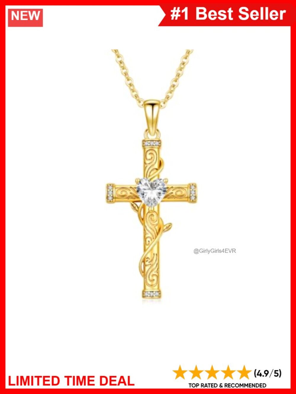 14K Gold Cross Necklace Heart Birthstone Pendant O-Chain 18in